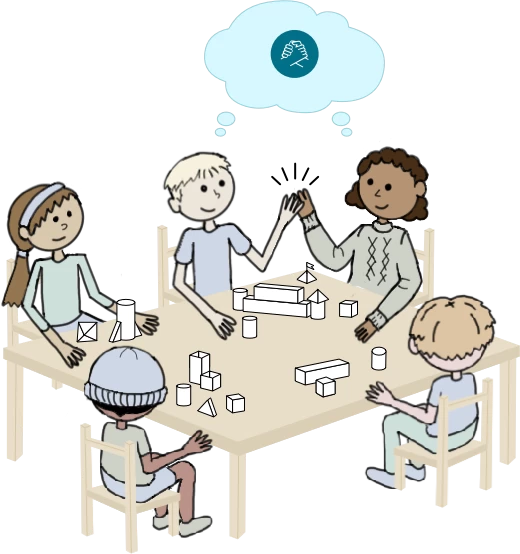 image of a group of kids sitting around a table, with two of the kids high-fiving